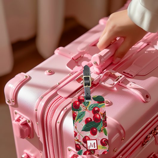 スタイリッシュレトロピンクと赤のモノグラムのさくらんぼ ラゲッジタグ