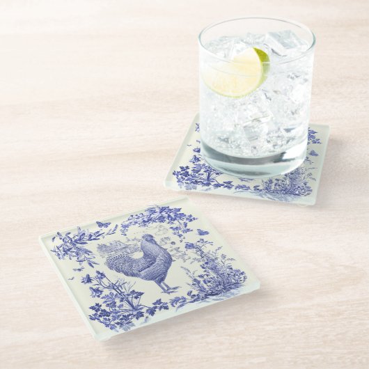 スタイリッシュヴィンテージエレガントロスターブルーフローラトワール ガラスコースター (アングル)