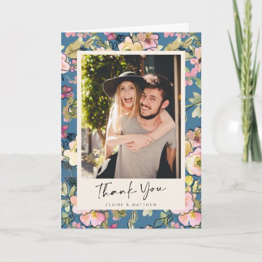 スタイリッシュヴィンテージブルーフローラパーソナライズされた写真 サンキューカード (正面)