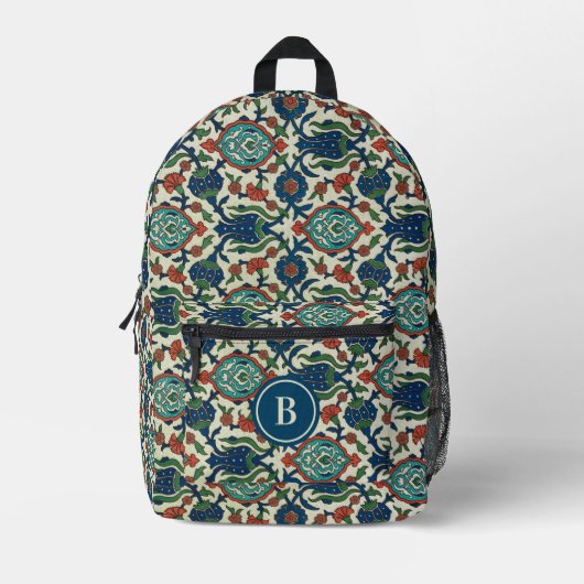 スタイリッシュヴィンテージ華美花柄ブルー プリントバックパック (正面)