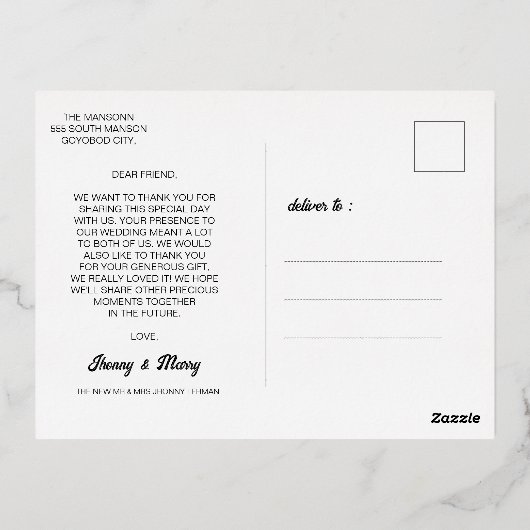 スタイリッシュヴィン感謝していテージ結婚式の写真 箔シーズンポストカード (裏面)