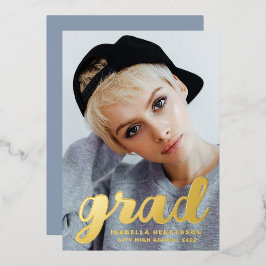 スタイリッシュ写真モダン卒業式ほこりっぽい青金ゴールド 箔招待状