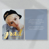 スタイリッシュ写真モダン卒業式ほこりっぽい青金ゴールド 箔招待状