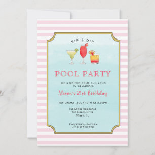 スタイリッシュ大人カクテルサマー誕生日プールパーティー 招待状