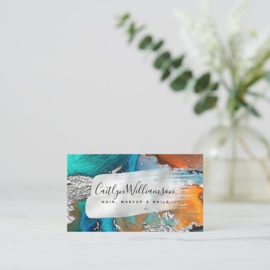 スタイリッシュ大理石の水色の銀のターコイズスクリプト 名刺 (スタンド正面)