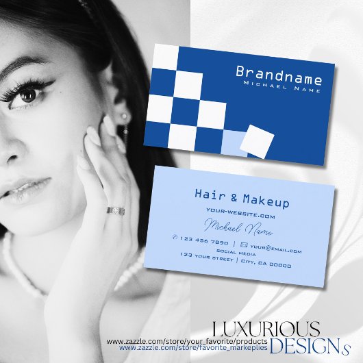 スタイリッシュ市松模様に青と白のプロフェッショナルカッコいい 名刺