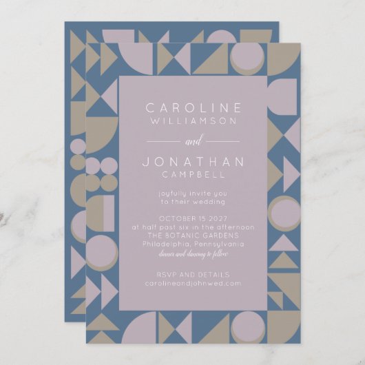 スタイリッシュ幾何自然モダン薄紫結婚 招待状 (正面/裏面)