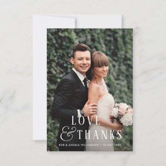 スタイリッシュ文字新郎新婦フォトオーバーレイ結婚ズ サンキューカード (正面)