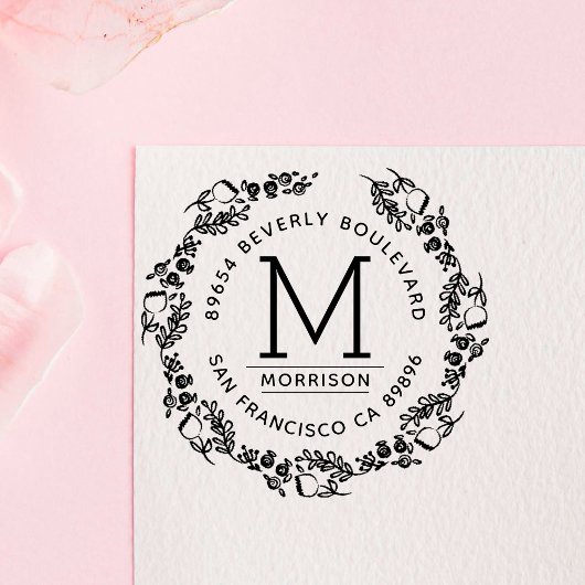 スタイリッシュ明るい赤紫色手描きリース差出人住所 セルフインキングスタンプ