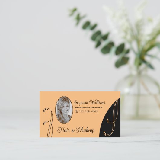 スタイリッシュ桃と黒と華美ポートレート写真 名刺 (スタンド正面)