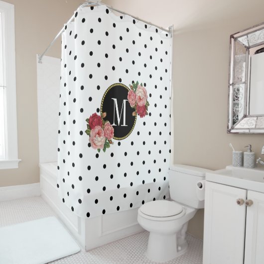 スタイリッシュ白黒ドットアンティークフローラモノグラム シャワーカーテン (インサイチュ)