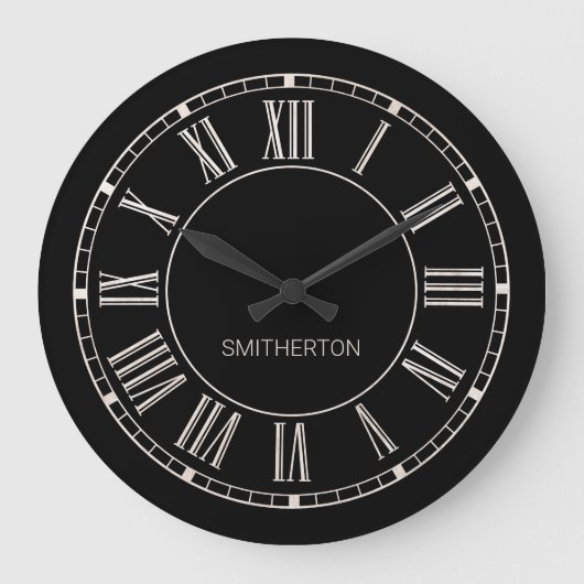 スタイリッシュ白黒ローマ数字名 ラージ壁時計 (正面)