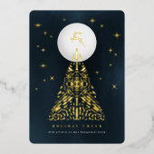 スタイリッシュ真夜中のトナカイとジオメトリック線のツリー 箔シーズンカード (正面)