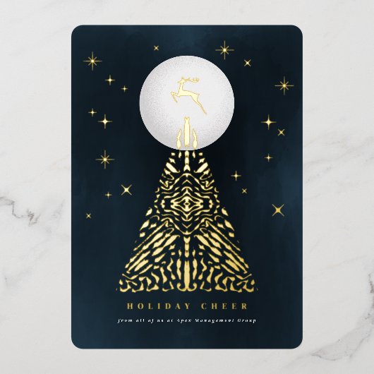 スタイリッシュ真夜中のトナカイとジオメトリック線のツリー 箔シーズンカード (正面)