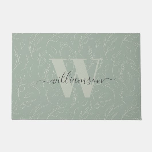 スタイリッシュ素朴Sage Green Botanicalフローラ名 ドアマット (正面)