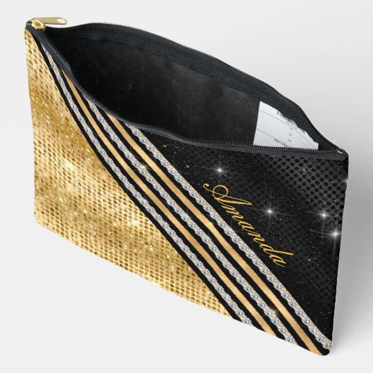 スタイリッシュ結フェイク晶金ゴールド及び黒パーソナライズされた アクセサリーポーチ (見開き)
