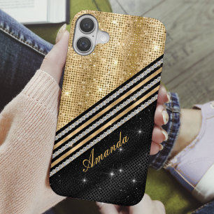 スタイリッシュ結フェイク晶金ゴールド及び黒パーソナライズされた iPhone 16ケース
