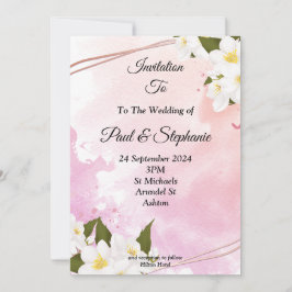 スタイリッシュ結婚式招待状、ピンク、白い花 招待状