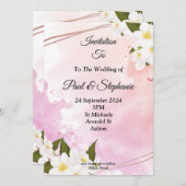 スタイリッシュ結婚式招待状、ピンク、白い花 招待状 (正面/裏面)