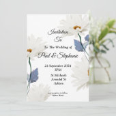 スタイリッシュ結婚式招待状、白と青 招待状 (スタンド正面)