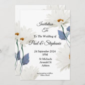 スタイリッシュ結婚式招待状、白と青 招待状 (正面/裏面)