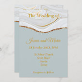 スタイリッシュ結婚式招待状、青い大理石、金ゴールド 招待状 (正面/裏面)