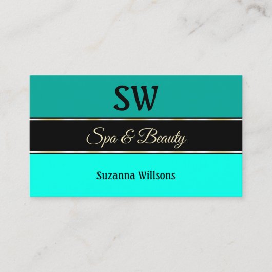 スタイリッシュ縁どティール(緑がかった色)オンモダンブラックモノグラム 名刺 (正面)