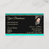 スタイリッシュ縁どティール（緑がかった色）オン黒モダン写真 名刺 (裏面)