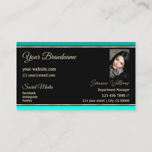 スタイリッシュ縁どティール（緑がかった色）オン黒モダン写真 名刺 (裏面)