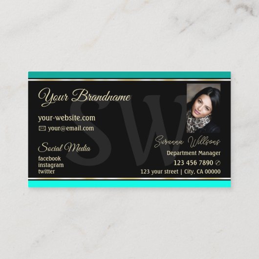 スタイリッシュ縁どティール(緑がかった色)オンBlack Monogram and Photo 名刺 (裏面)