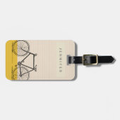 スタイリッシュ自転車イラストレーション赤面と黄色の名前 ラゲッジタグ (正面横)