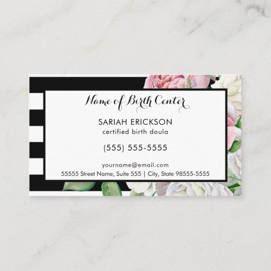 スタイリッシュ花とストライプ誕生妊婦のドゥラ 名刺 (裏面)