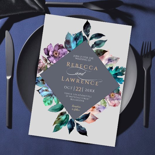 スタイリッシュ花模様灰色結婚式招待状 招待状