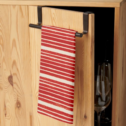 スタイリッシュ赤と白ストライプフェスティバル キッチンタオル (三つ折り)