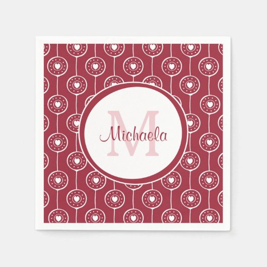 スタイリッシュ赤と白ハートモノグラム スタンダードカクテルナプキン (正面)