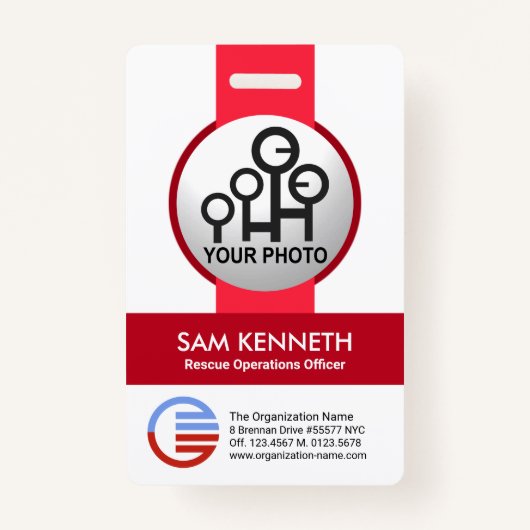 スタイリッシュ赤シンプルの写真テンプレートスタッフID バッジ (正面)