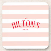 スタイリッシュ赤面と赤ブライダルシャワーストライプギフト コースター (正面)