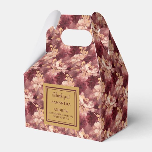 スタイリッシュ赤面ブルゴーニュ金ゴールドボホ結婚式の引き出物ボックス フェイバーボックス (正面サイド)