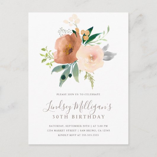 スタイリッシュ赤面モダンピンクパステルフローラ誕生日 インビテーションポストカード (正面)