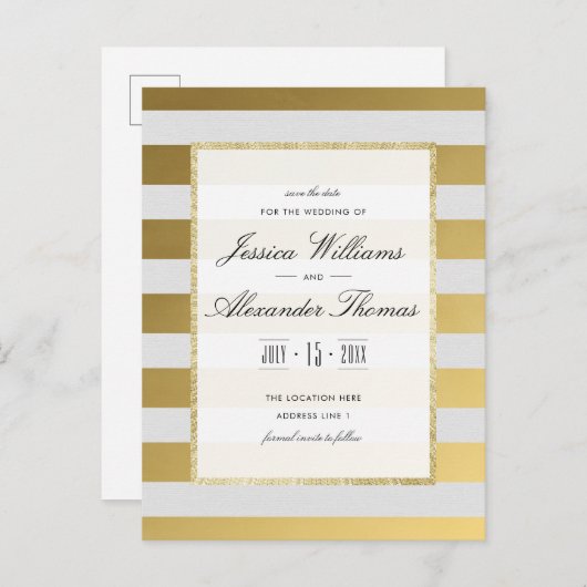 スタイリッシュ金ゴールドと白ストライプい結婚式日付を保存 案内ポストカード (正面/裏面)