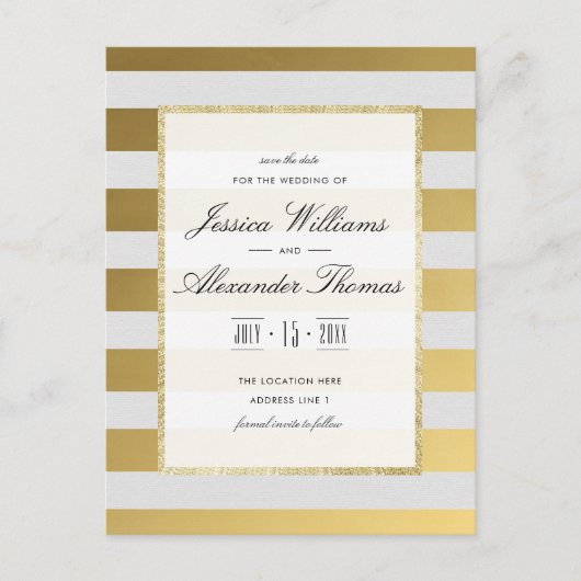 スタイリッシュ金ゴールドと白ストライプい結婚式日付を保存 案内ポストカード (正面)