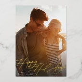 スタイリッシュ金ゴールドエレガントで最も幸せなクリスマス写真 箔シーズンカード (正面)