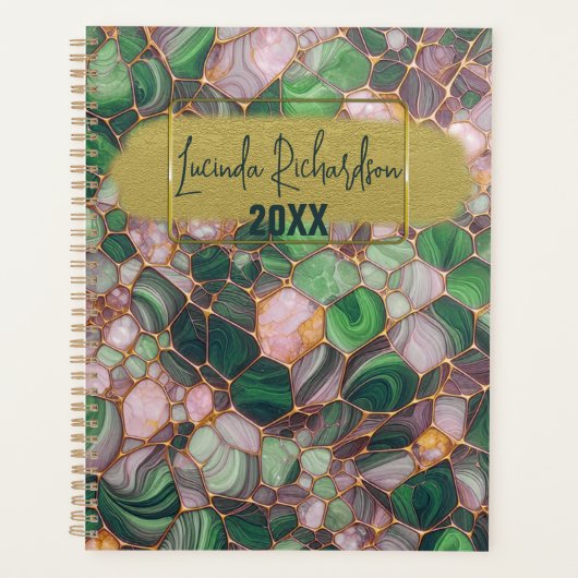 スタイリッシュ金ゴールドエレガントエメラルドグリーンモザイク プランナー手帳 (正面)