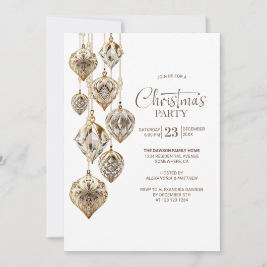 スタイリッシュ金ゴールドオーナメントクリスマスパーティの招待状 招待状 (正面)