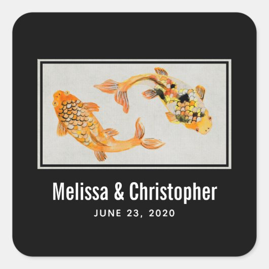 スタイリッシュ金ゴールドコイ結婚魚 スクエアシール (正面)