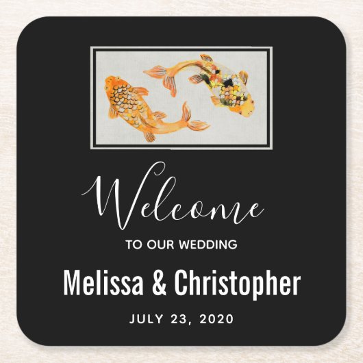 スタイリッシュ金ゴールドコイ結婚魚 スクエアペーパーコースター (正面)