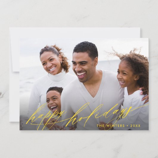 スタイリッシュ金ゴールドスクリプトのクリスマスフォトランドスケープ シーズンカード (正面)
