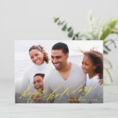 スタイリッシュ金ゴールドスクリプトのクリスマスフォトランドスケープ シーズンカード (スタンド正面)