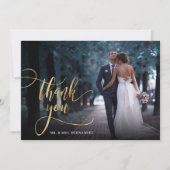 スタイリッシュ金ゴールドスクリプト2写真結婚のサンキューカード サンキューカード (正面)
