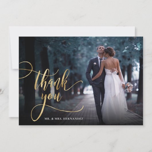 スタイリッシュ金ゴールドスクリプト2写真結婚のサンキューカード サンキューカード (正面)